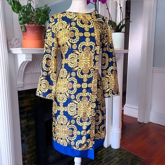 VINTAGE TIBI 100% Silk Blue & Gold Medallion Print Button Up Shift Dress Size 4 - Picture 5 of 15